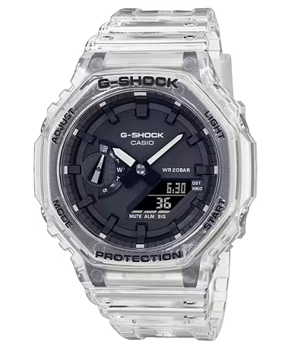 De modellen uit de Skeleton-serie van G-SHOCK, de stoere horloges die zich steeds verder ontwikkelen in een eindeloze zoektocht naar kracht, zijn gemaakt van transparante harsonderdelen. De kleur is helder met een witte basis. Dit model uit de Skeleton-serie is gebaseerd op de populaire GA-2100 met zijn Carbon Core Guard-structuur en achthoekige rand en heeft chique kleuren, waardoor hij geschikt is als modeproduct.